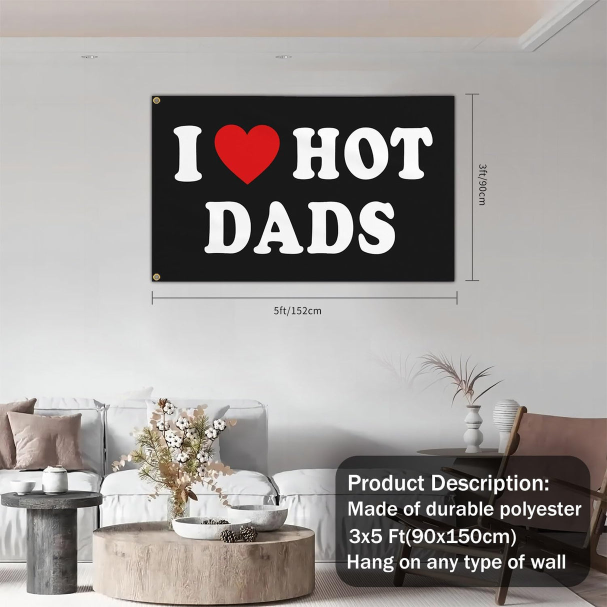 I Love Hot Dads Flag I Heart Hot Dads Flag Funny Tapestry Flags for Teen Girls Room Bedroom College Dorm Father's Day Birthday Valentines Day Decorations Banner Flag Gifts