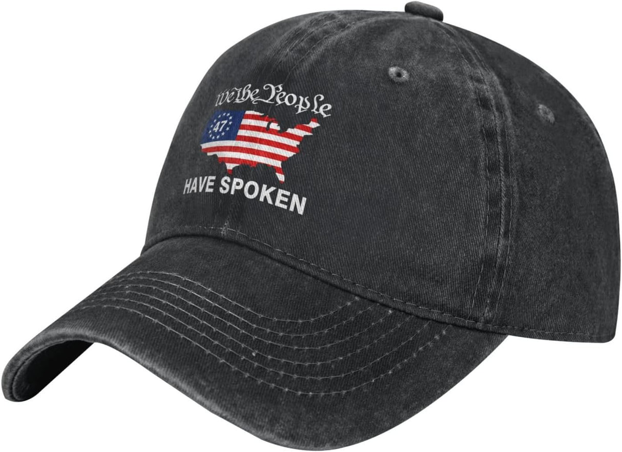 We The People Have Spoken Hat 47th President Patriotic USA Map America Flag Washed Denim Baseball Caps.